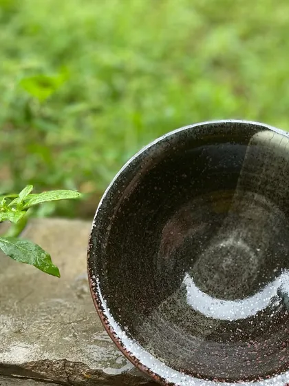 The glossy, dark interior of this over-reduced bowl. It wasn't what we planned, but it's a testament to the unpredictable nature of pottery.