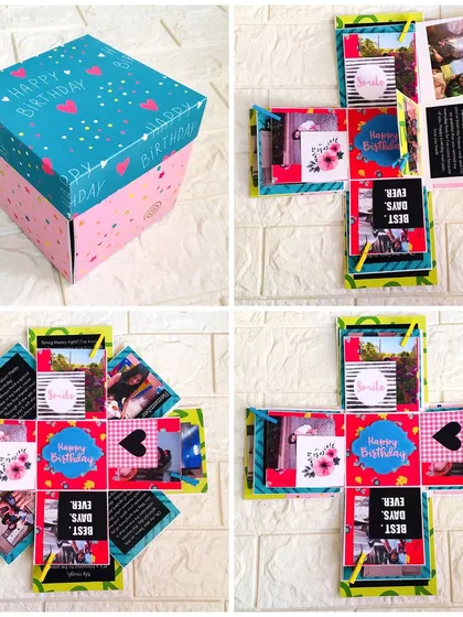 A collage of happy moments in a box. This birthday-themed explosion box can hold up to 24 pictures and 4 special messages, making it a deeply personal and interactive gift.