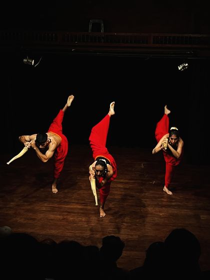 Three of our artists performing a dynamic sequence from "SAMVIT". This martial art form requires immense strength, flexibility, and focus.