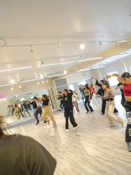 A shot from the back of the waacking workshop, showing the entire class engaged and learning from the instructor.