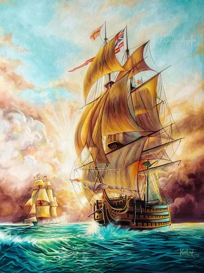 A classic seascape featuring majestic tall ships navigating the open water under a dramatic sky. This piece showcases my skill in capturing light, reflection, and intricate detail using acrylic on a 3 by 2.5 feet canvas.