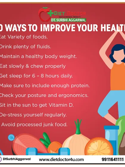 Improving your health can be achieved through these 10 ways. I guide clients to eat a variety of foods, maintain a healthy body weight, get enough sleep, and de-stress regularly.
