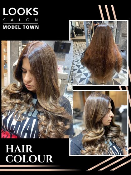 A collage showcasing a hair color transformation. We took the client's hair from uneven and dry to a rich, multi-tonal brown with a glossy finish.