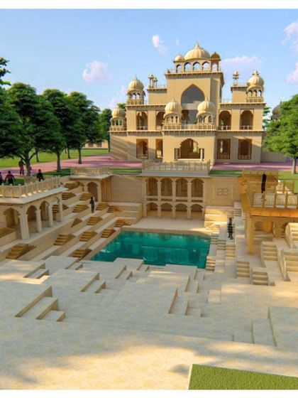 Another perspective of the Dhun Imagination Center concept, highlighting the scale of the stepwell and its potential as a venue for gatherings and performances.