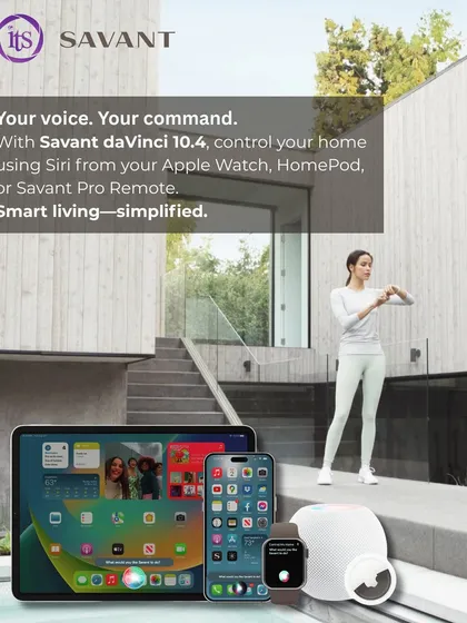 We simplify control by integrating your security and home automation with voice commands. This system, powered by Savant, allows you to use Siri on your Apple Watch, HomePod, or iPhone to manage security scenes, lighting, and entertainment effortlessly.