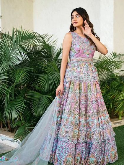 A full shot of the modern pastel lehenga, perfect for a fashion-forward bride or wedding guest.