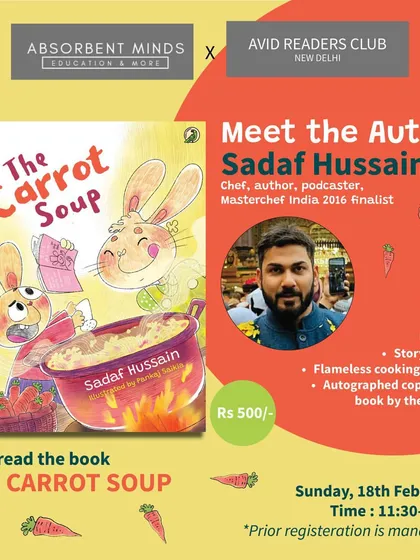 This poster for our "The Carrot Soup" event shows how we structure our special workshops. We combine storytelling directly from the author with a unique activity like flameless cooking, and every child gets to take home an autographed copy of the book.