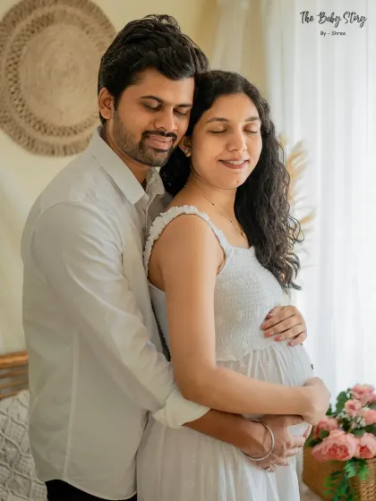 An intimate close-up of the couple in the boho setting. This pose, with eyes closed and a gentle embrace, captures a quiet moment of connection and love.