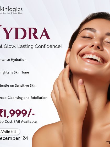 Get an instant glow and lasting confidence with our Hydra facial. This graphic details its benefits, including intense hydration and deep cleansing, making it perfect even for sensitive skin.