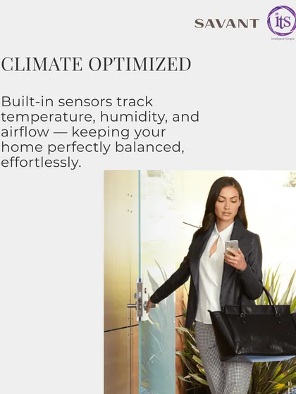 With built-in sensors for temperature, humidity, and airflow, the Savant Multistat keeps your home's climate perfectly balanced, as shown by this professional leaving for the day with peace of mind.