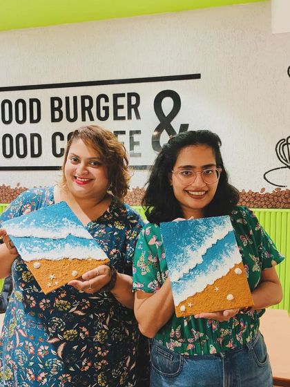Another happy pair of artists from our Indore texture painting workshop. Creating side-by-side is the best way to connect.