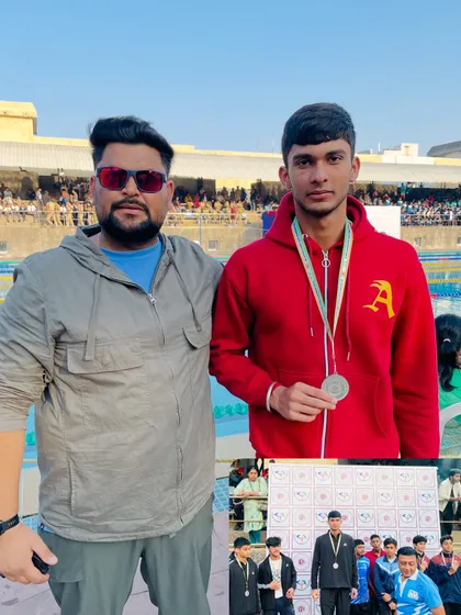 A collage celebrating Nishant Anjna's medal win at the SGFI Nationals in Rajkot. He also achieved two personal bests in the 50m breaststroke and 100m freestyle, showing progress even at the highest levels.