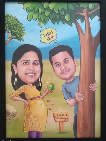 The final framed version of the pregnancy caricature, a wonderful keepsake for the happy couple.