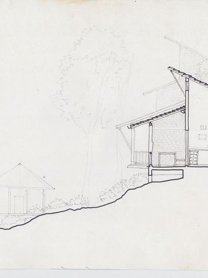 An early conceptual sketch for the PLENTI House in the Nilgiris. This drawing shows how I begin to think about placing the building on a steep slope to work with the land, not against it.