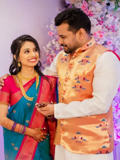 A happy, natural moment between Rasika and Rohit during their engagement. My goal is to make couples feel comfortable and be themselves.