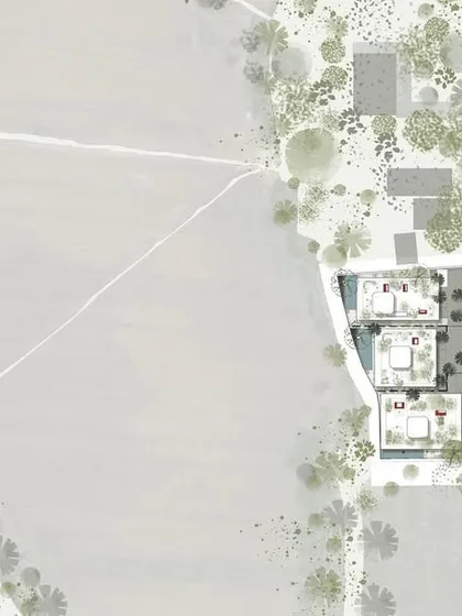 The site plan for "Pavilions in the Fields" shows the three homes placed carefully within the vast landscape of paddy fields and trees. This drawing illustrates our core concept of placing architectural pavilions within an infinite natural setting.