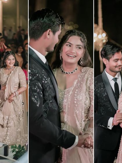 A collage of candid moments from the dance floor. These images are filled with laughter, movement, and genuine smiles, capturing the pure joy of their celebration.