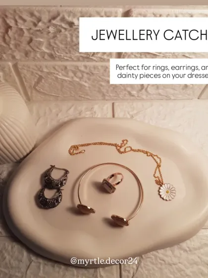 Here, the cloud tray serves as a jewelry catch-all on a dresser. It’s large enough to hold a necklace, bracelet, rings, and earrings.