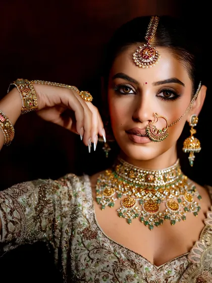 A powerful and direct look at the camera. The intense eye makeup and flawless contouring create a look that is both strong and beautiful.