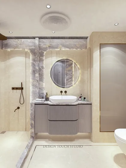A front-on view of the bathroom render, showcasing the floating vanity with a fluted design and a modern, circular backlit mirror.
