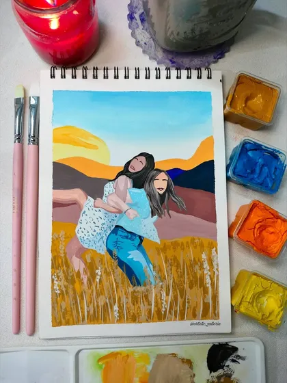 A finished gouache painting celebrating friendship, inspired by a photo. This piece captures a happy, carefree moment and is a great example of how I can turn a memory into a vibrant, lasting piece of art.