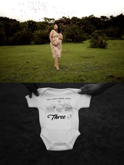 A collage combining a joyful moment of the mom-to-be with a close-up of an adorable "And Then There Were Three" elephant-themed onesie.