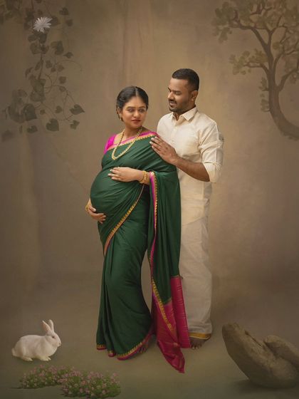 A gentle, painterly portrait of a couple amidst a soft, earthy backdrop. The husband's touch is protective, and the scene is quiet and full of emotion.