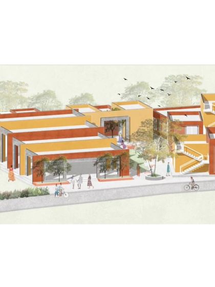 A conceptual illustration for the Adarsh Gram project, which was shortlisted for the World Architecture Festival. The design reimagines a rural settlement with clustered housing, public squares, and pedestrian-friendly pathways.