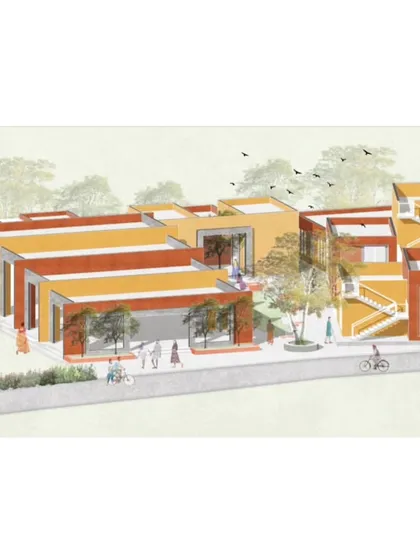 A conceptual illustration for the Adarsh Gram project, which was shortlisted for the World Architecture Festival. The design reimagines a rural settlement with clustered housing, public squares, and pedestrian-friendly pathways.