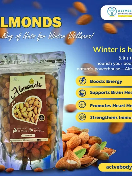 I call almonds the king of nuts for winter wellness. This image of a pack of almonds lists its key benefits: boosting energy, supporting brain and heart health, and strengthening immunity.