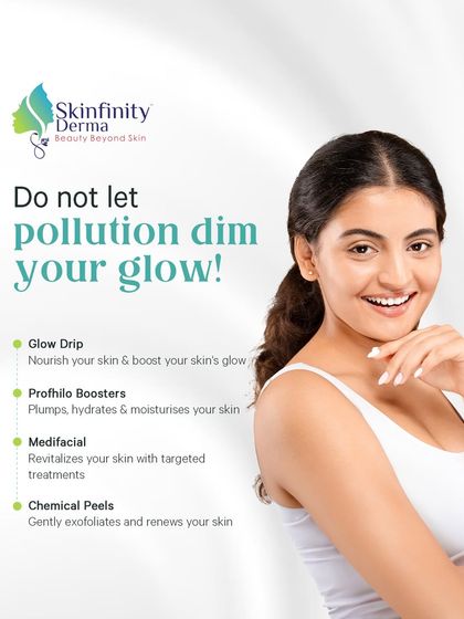 Don't let pollution dim your glow. This graphic lists our pollution-fighting treatments like Glow Drip, Profhilo Boosters, Medifacials, and Chemical Peels to nourish and renew your skin.