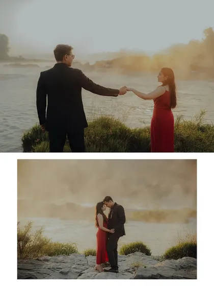 A dual-frame image capturing the couple's connection against a foggy, atmospheric river scene. It feels like a moment straight out of a romantic movie.