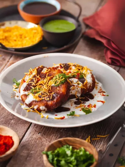 A true classic, my Aloo Tikki Chaat is a flavour explosion. It features a perfectly crisp potato patty, creamy yogurt, tangy tamarind chutney, and a sprinkle of fresh coriander and crunchy sev.