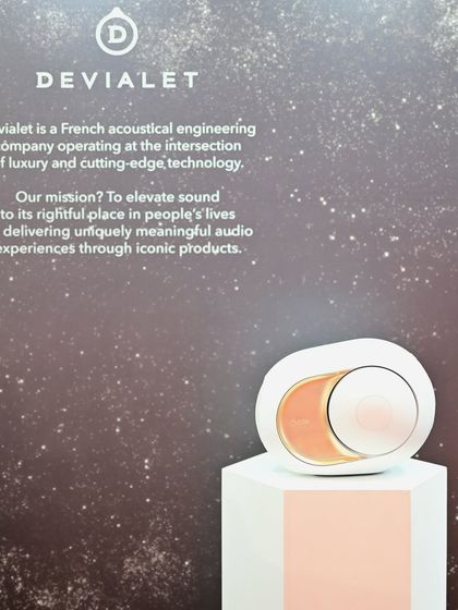 This poster for the Devialet speaker highlights its mission: to merge luxury with cutting-edge acoustical engineering. We bring these iconic, high-performance products to our clients, delivering an intense listening experience you can feel.