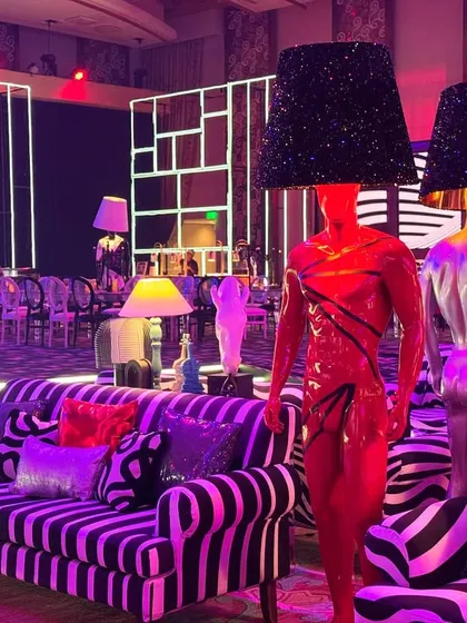 Our creativity extends to crafting unique, themed experiences. This eclectic lounge corner, part of a "Disco Jungle" themed party, showcases our flair for combining retro patterns, bold art, and quirky props for a truly memorable celebration. 💥
