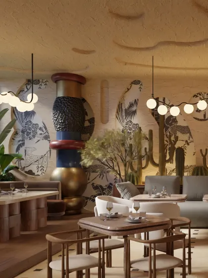 The seating in this zone features soft, organic forms and neutral tones, contrasting with the bold, patterned wall art. Modern globe lighting adds a touch of contemporary elegance to the mythical setting.