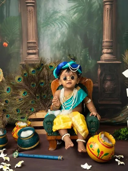 A playful little Krishna with glasses. We have a variety of fun props to make your Janmashtami session memorable.