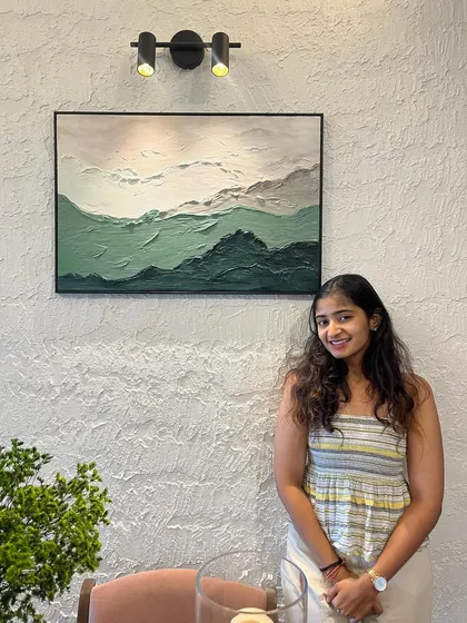 Here is a finished textured mountainscape, installed and beautifully lit in a client's dining area in Bangalore. Seeing my art become a part of someone's home is the best feeling. I work closely with clients to create pieces that complement their space and bring a sense of calm and nature indoors.