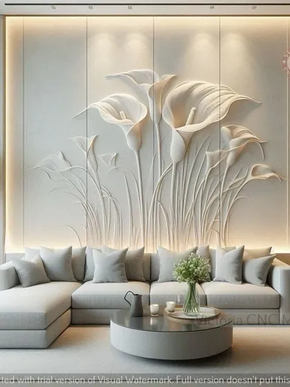 A serene living room design featuring a large, 3D floral bas-relief sculpture as the main accent wall. The soft, neutral color palette of the L-shaped sofa and furnishings is enhanced by warm ambient backlighting.