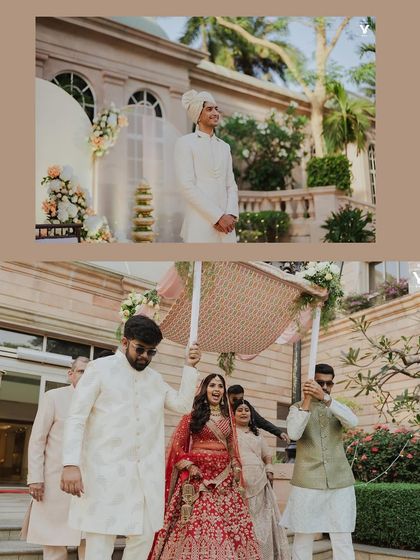 A collage of the bride's and groom's entrances. The groom waits patiently while the bride makes her grand entry under a phoolon ki chadar held by her brothers, a moment full of tradition and emotion.
