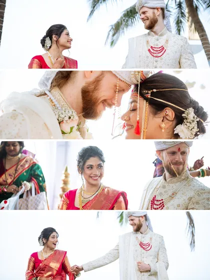 A collage capturing the love and connection between the bride and groom during their beautiful cross-cultural wedding ceremony by the sea.