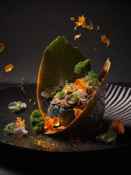 Cabbage rolls filled with New Zealand duck and autumn vegetables, presented in a dramatic, leaf-like structure. The falling petals add a sense of motion, making this dish a dynamic and artistic creation.
