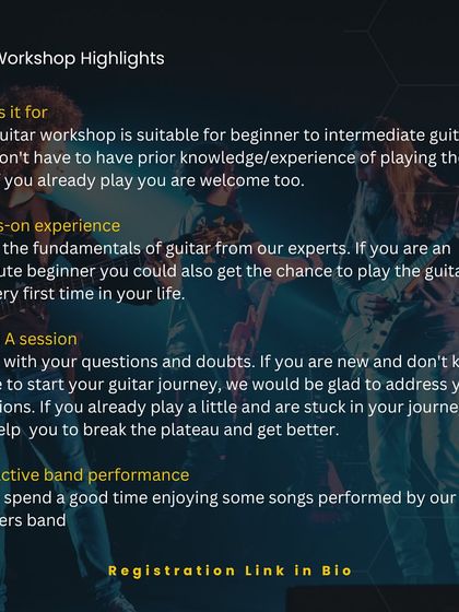 This gives you an idea of what to expect from our free guitar workshop. We cover the fundamentals for beginners, offer a Q&A session for your doubts, and conclude with an interactive performance by our teachers' band.