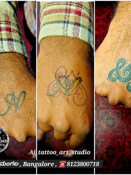 A three-step look at a cover-up on the hand. From the old 'N' initial to the stencil and the final, intricate new design.