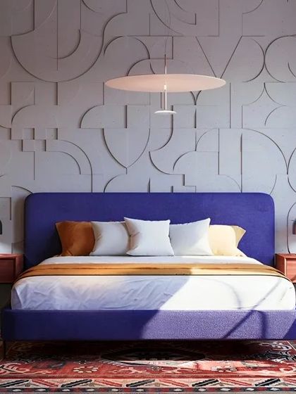 A duplicate of the bedroom with the 3D geometric wall, emphasizing its unique texture.