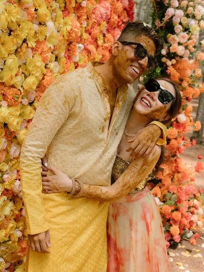Haldi, but make it chic. I believe the most beautiful moments are often the most unscripted ones. The genuine laughter and playful messiness here tell a story of friendship, joy, and a love that isn't afraid to be real.