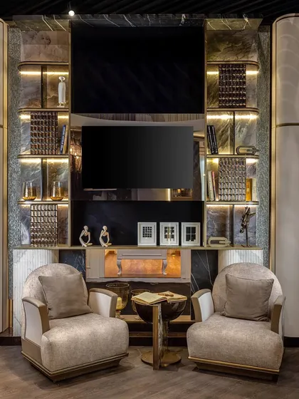 For the 'Neoluxe' furniture collection, we designed a booth that tells a classical architectural story. We used principles of sight lines, volume, and a disruption of symmetry to create a space where the architecture is integrated into the furniture itself.