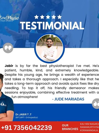 "Jabir is by far the best physiotherapist I've met." This review praises our long-term approach that avoids quick fixes, combining effective treatment with a fun and friendly atmosphere.