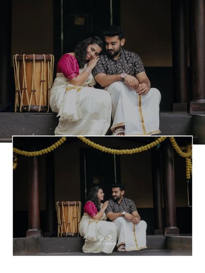A collage of the couple sharing quiet, intimate moments on the steps of a traditional house, with a chenda drum as a prop.