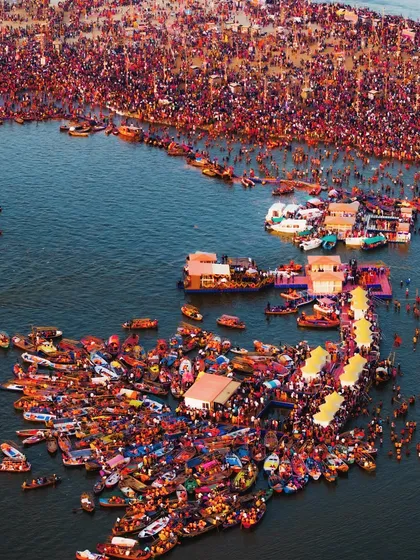 Capturing the Mahakumbh Mela from above is an experience of a lifetime. This frame shows the Triveni Sangam at Prayagraj, not just as a gathering, but as a living, breathing symphony of faith with countless boats and devotees.